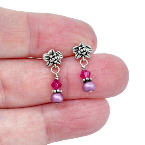 Estate Sterling Silver 925 Purple Pearl Pink Crystal Floral Dangle Earrings - Picture 1 of 6